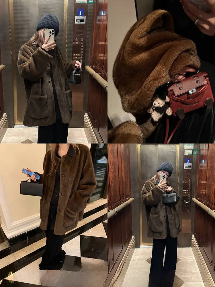 

Xzichic Gold Mink Fur round Ne Eco-Friendly Imitation Water Rabbit Coat Women's Warmth Outerwear Long Sve Korean Sle