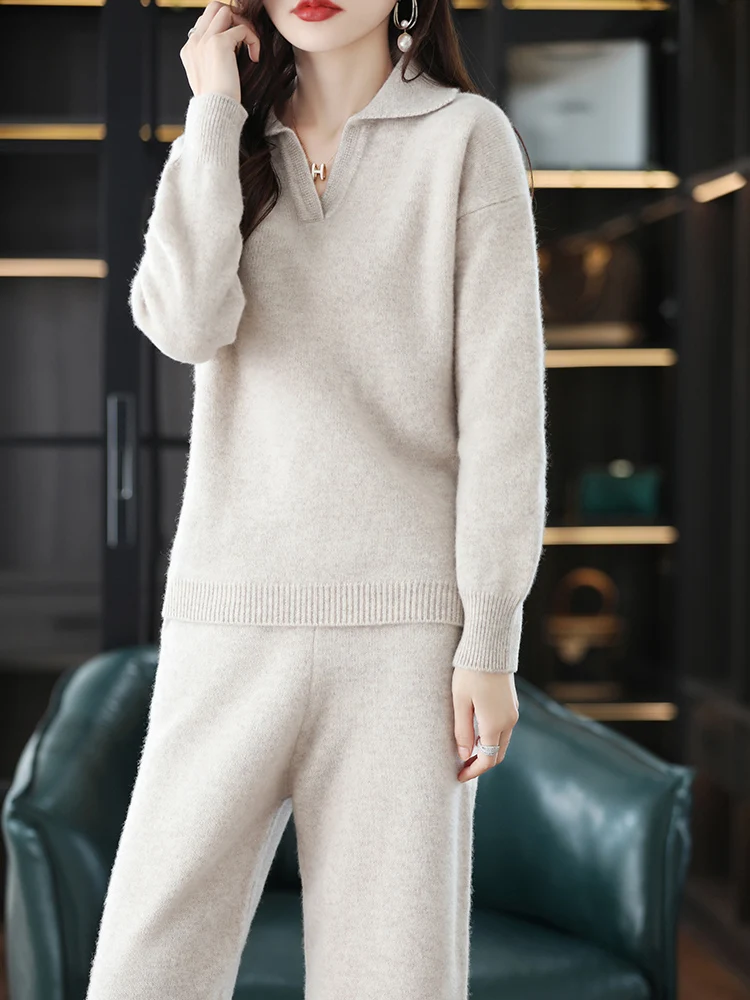 New Cashmere Suit Female Lapel Korean Version Of Senior Casual Sweater Wide-Leg Pants Wool Knitted Two-Piece Suit