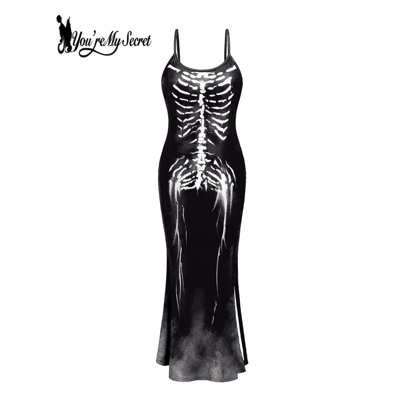 [Ты мой секрет] Готическое женское платье Hrajuku без рукавов с открытой спиной, черное облегающее платье со скелетом и принтом, вечерние #   1