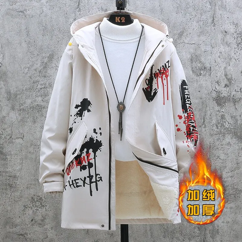 2024 Autumn and Winter New Fashion Printing and Fleece Thickened Warm Medium Long Coat Men's Casual Loose Large Size Trench Coat