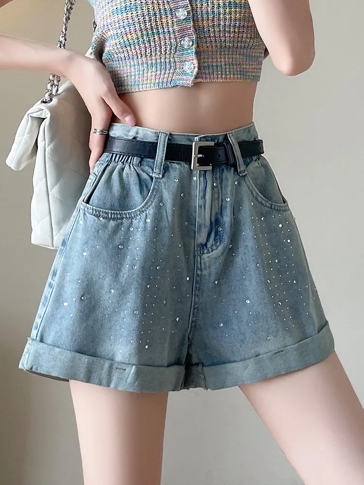 

Fashionable Rhinestone Rolled Edge Denim Shorts Women's Summer New Loose High Waist A-Line Wide Leg Shorts Vintage Jean Shorts