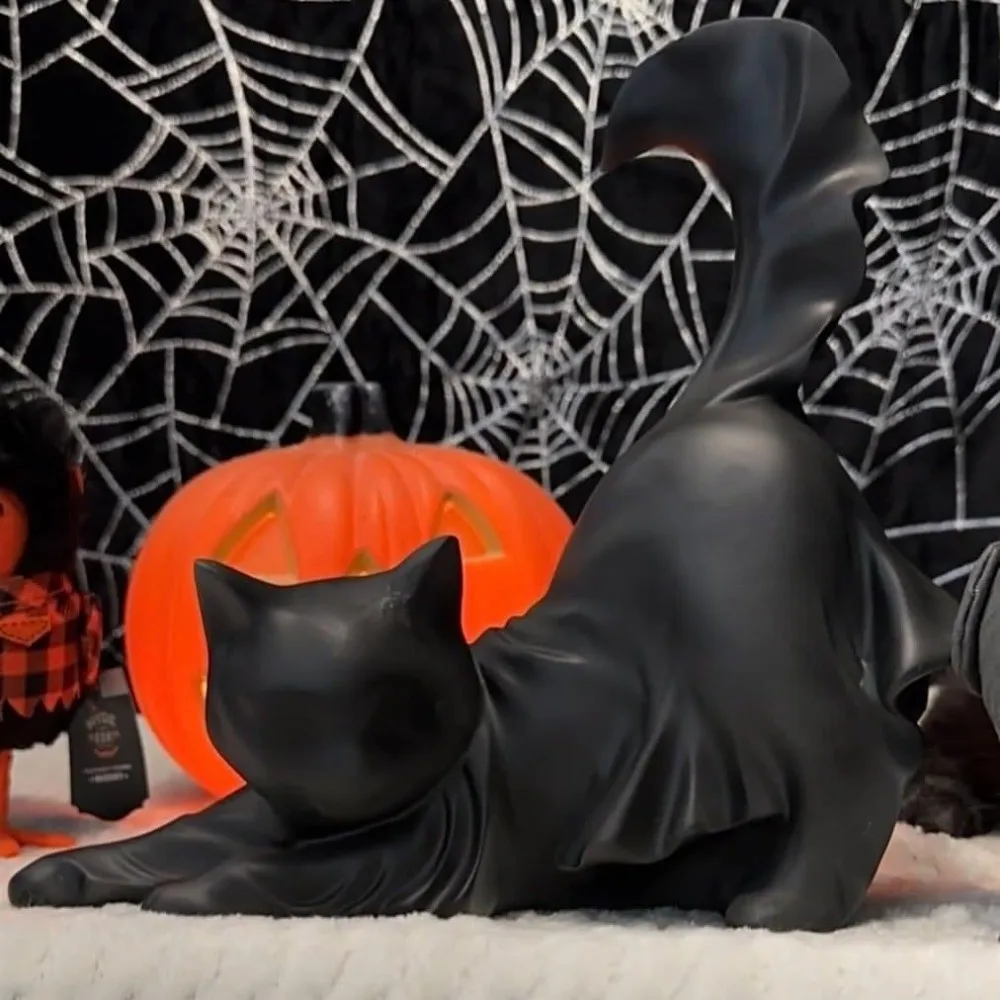 

Cute Halloween Black Cat Statue White Glow in The Dark Stretching Cat Figurine Unique Handmade Halloween Cloak Ghost