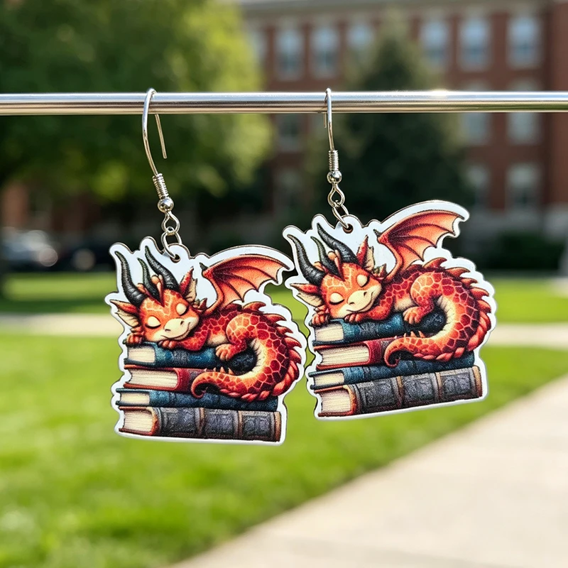 Cute Red Book Dragon Dangle Earrings Cartoon Flying Dragon On Stack Books Drop Earrings Book Lovers Librarian Gift
