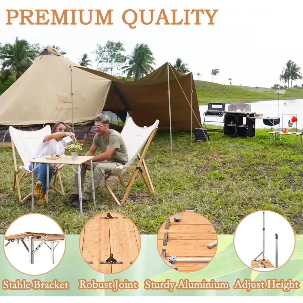 

XMSJ Bamboo Folding Table Environmental Camping with Adjustable Height Aluminum Legs , Picnic, Party, Beach,Folding Tables