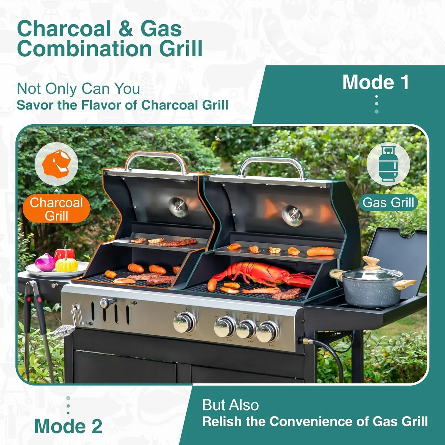 

Propane Gas Grill and Charcoal Grill Combo with Side Burner & Porcelain-Enameled Cast Iron Grate