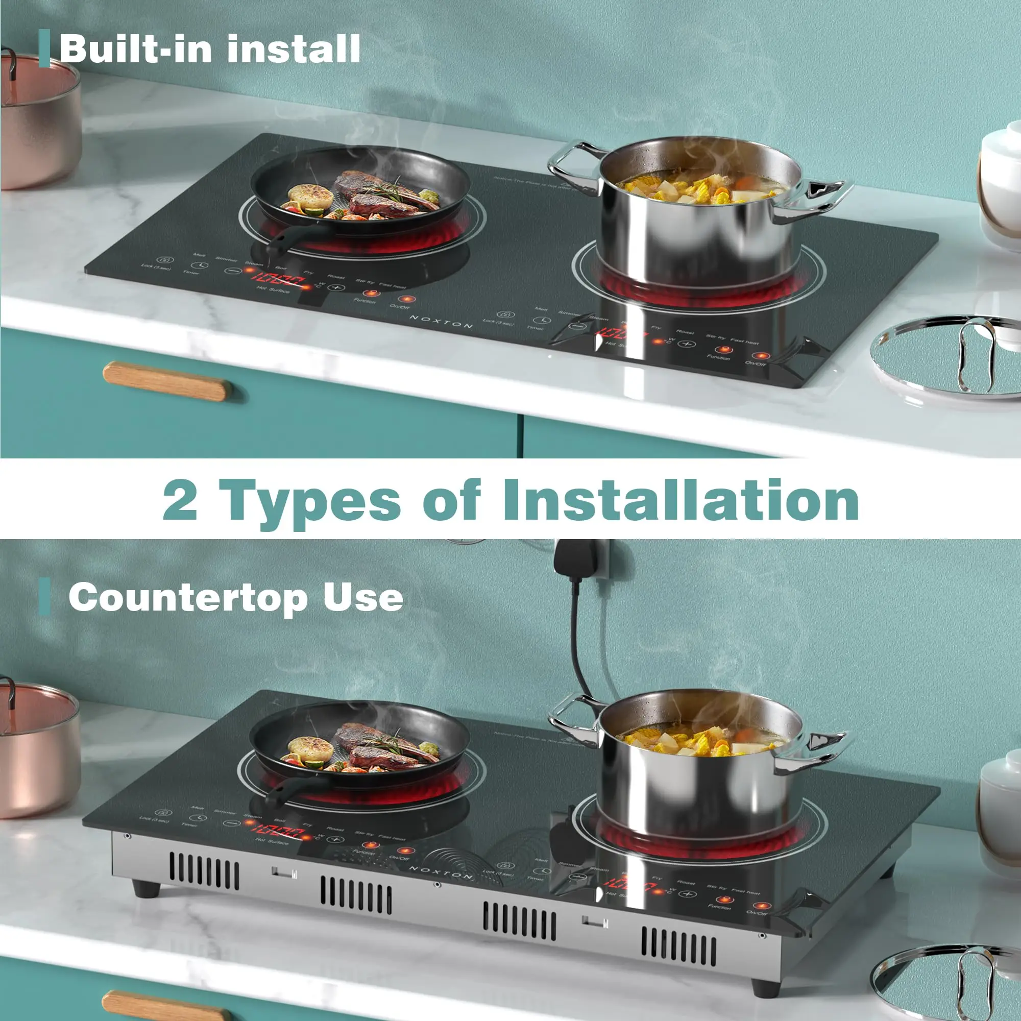 Noxton 2-Brenner-Elektrokochfeld, 61 cm eingebauter und Arbeitsplattenherd, Keramikkochfeld mit zwei Brennern, tragbares 110-V-Steckkochfeld