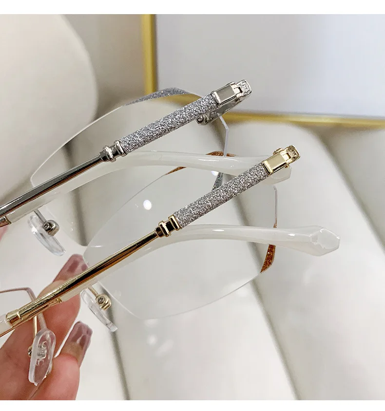 2025, neue Damen-Lesebrille, hochwertig, randlos, blockiert blaues Licht, Farbverlauf, Anti-Blulet, Brille, modische Lesebrille – Detail 5