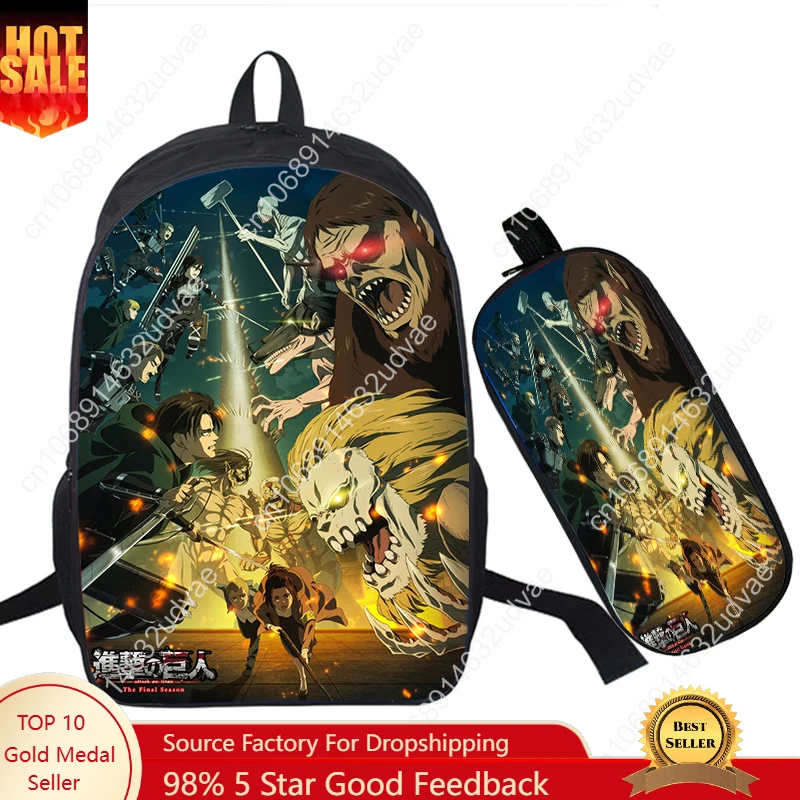 

Anime Attack on Titan Backpack Pen Bag 2Pcs/Set Student Boys Girls School Bags 16inch Rucksack Travel Bag Zipper Bookbag Mochila