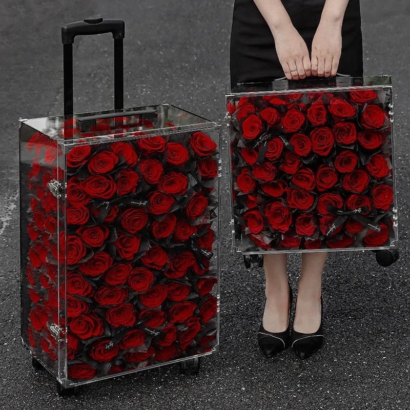 Birthday gift for girlfriend girl rose immortal flower trolley case acrylic suitcase real flower high-end light luxury