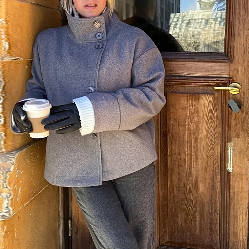 سترة نسائية لخريف وشتاء 2025 أنيقة بياقة واقفة واحدة الصدر معطف فضفاض بأزرار معطف نسائي صوف متين ملابس خارجية #6