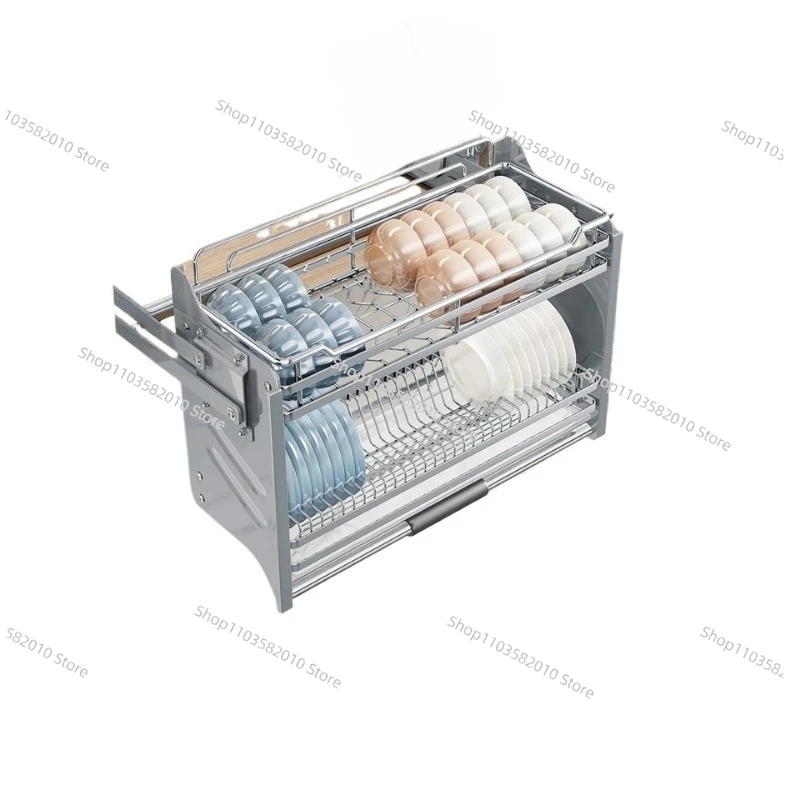 304 Stainless Steel Pull-Out Dish Basket, Cabinet Pull-Down Bowl Rack for Kitchen