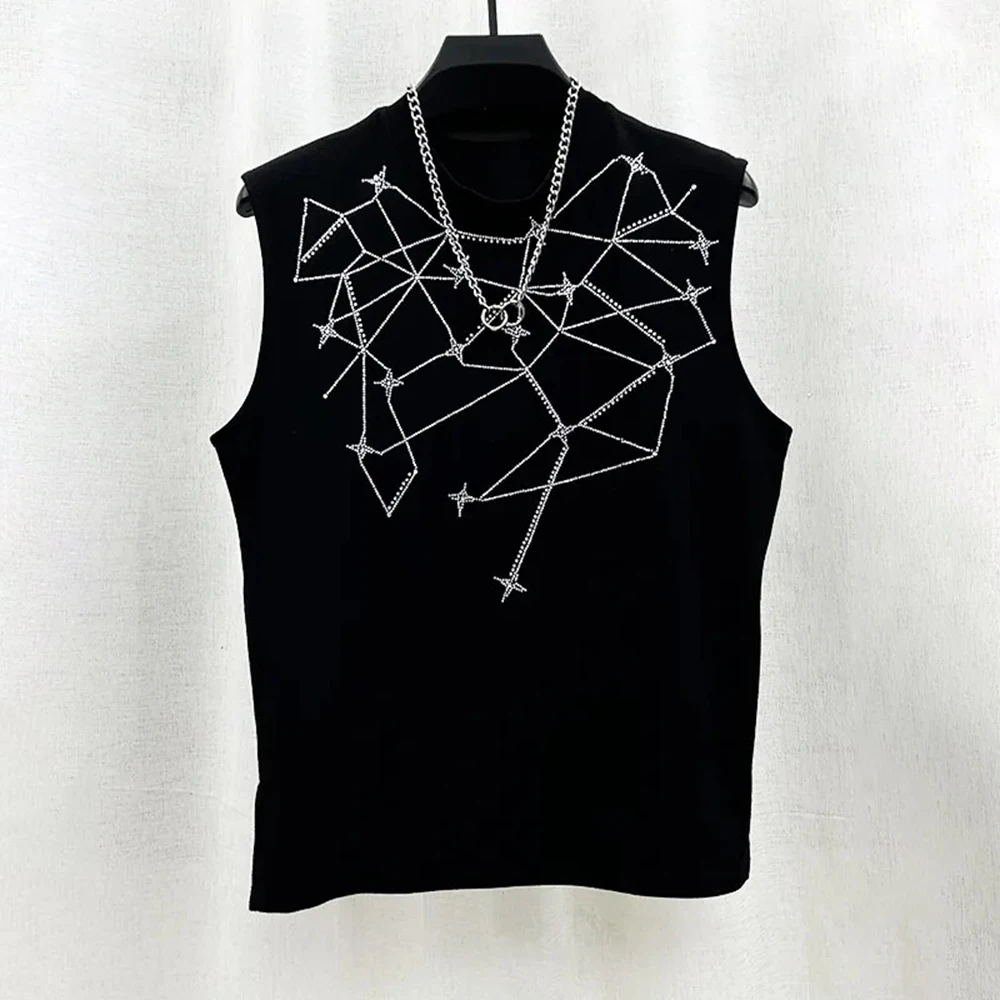 Mens Vest Personalized Heavy Industry Hot Stamping Diamond Starry Vest Summer Casual Sports Sleeveless Top Men's Clothing 2024