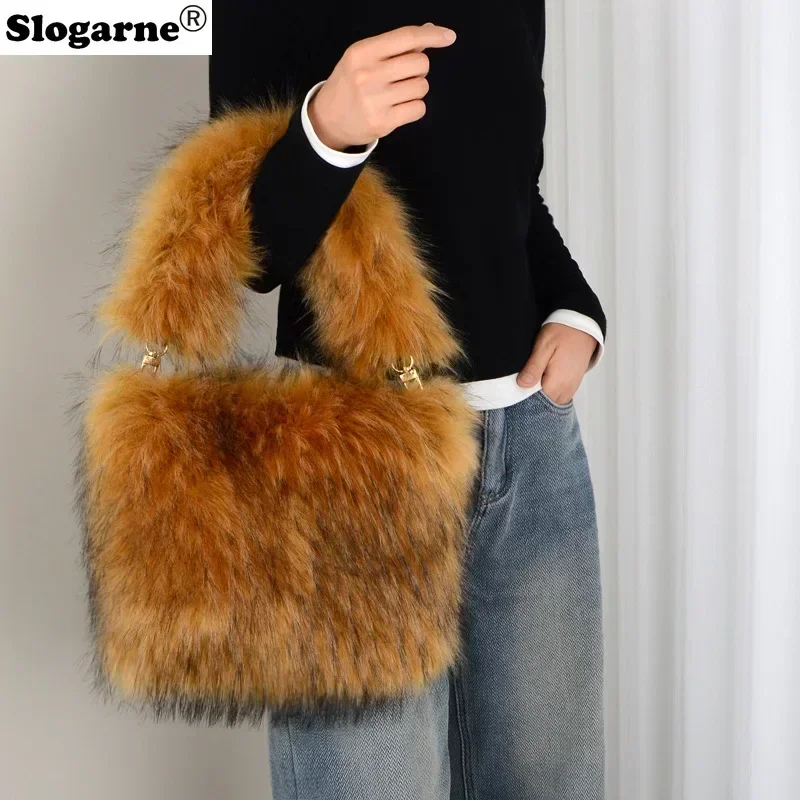 Colorful Raccoon Fur Bags Women New Faux Fur Handbag Girls Cute Tote Bags 2025 Winter Warm Soft Fluffy Top Handle Shoulder Bags
