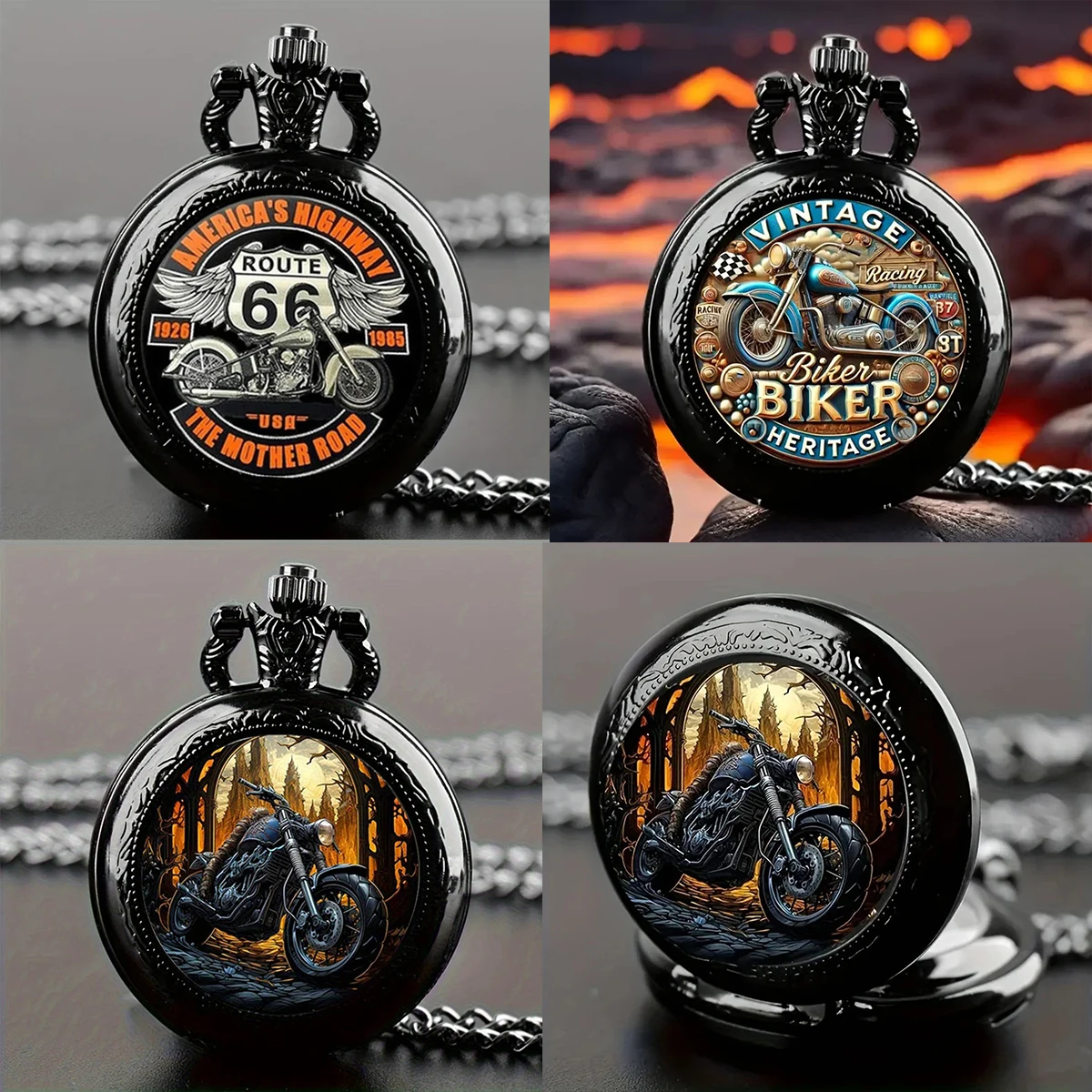 Black pocket watch with retro circular mysterious cool motorcycle and forest pattern wild charming-quartz watch hanging chain
