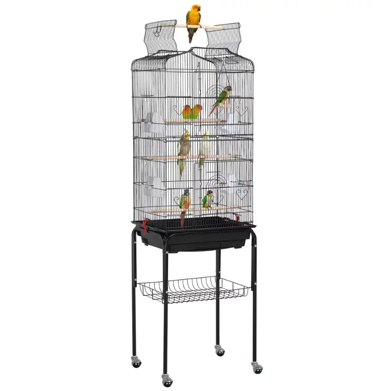 

64" H Rolling Metal Birdcage with Slide-Out Tray Open Top, Black