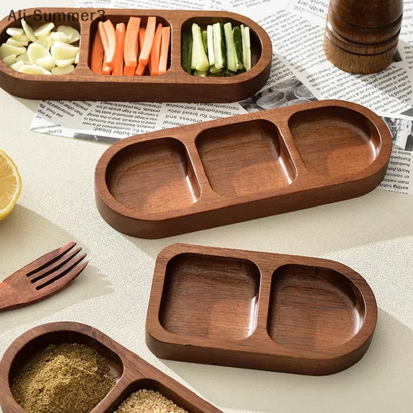 Solid Wood Tray 2/3/4 Grid Seasoning Tray Breakfast Food Sushi Bread Dessert Sauce Tray Kitchen Dinner Seasoning Tray