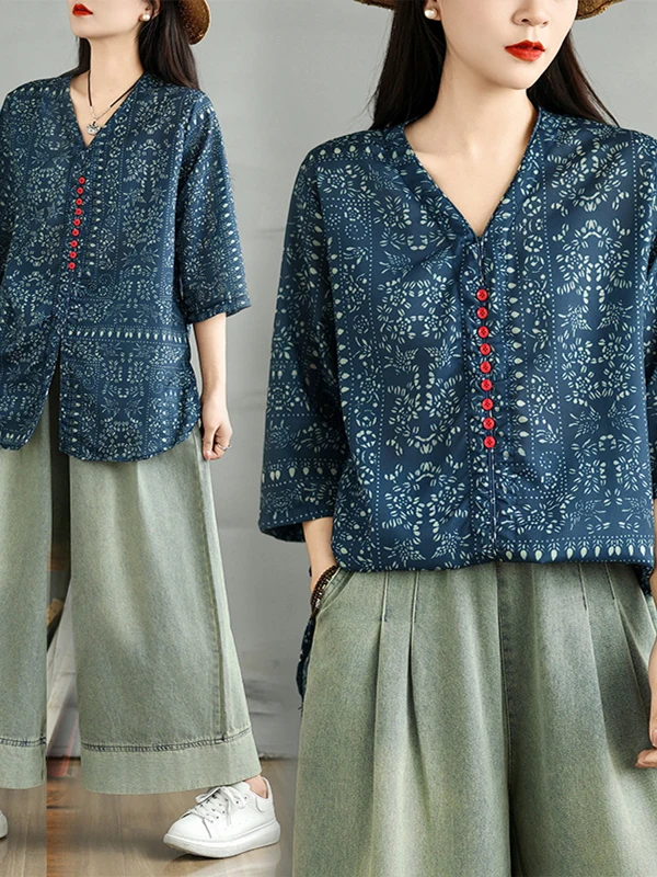 

V-Ne Silk Women's irt Artistic Print Retro Ethnic Sle Five-Quarter Sve Versatile Blouse Summer Commute Sle