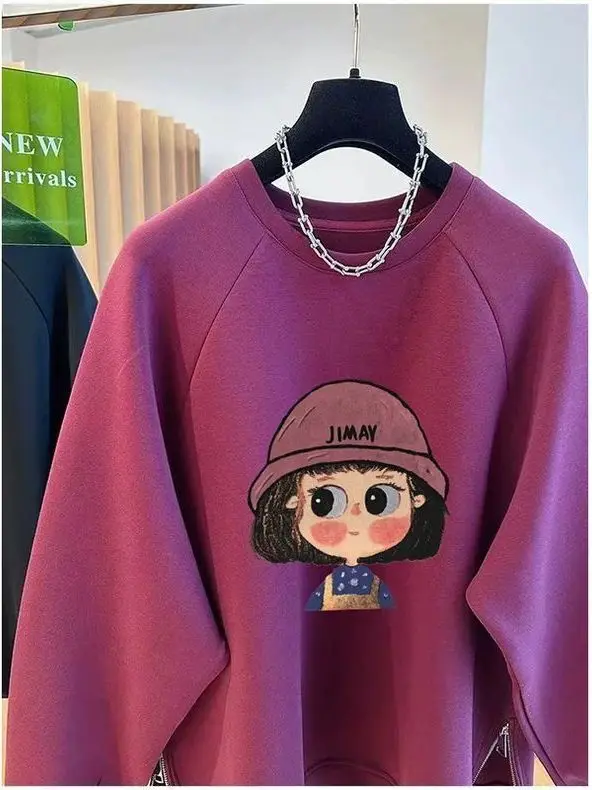 plus Size 300 Pou Korean Cartoon Print round Ne Sweatirt Women Loose Mid-Length Casual Top Comfortable Loose Fit Hoodie