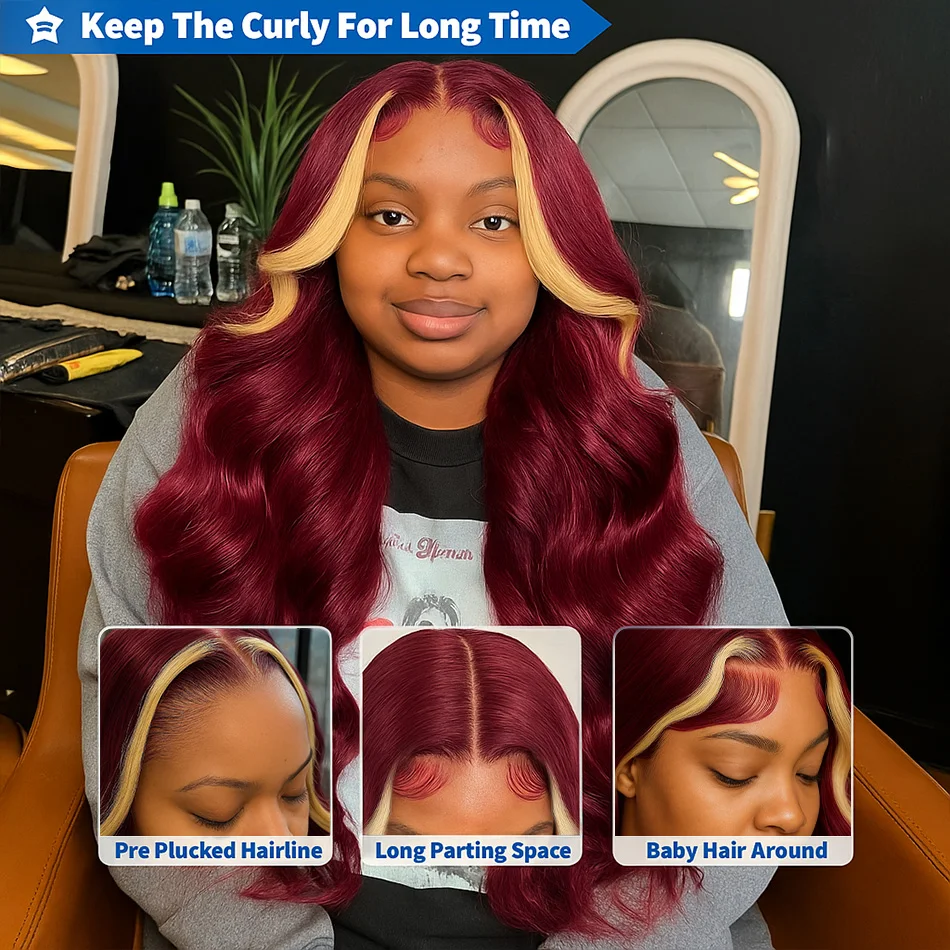 تسليط الضوء على بورجوندي 99J الأحمر مع 613 شقراء 13x4 HD الدانتيل الشفاف الباروكات الأمامية الجسم موجة 100% شعر الإنسان البرازيلي شعر مستعار ريمي