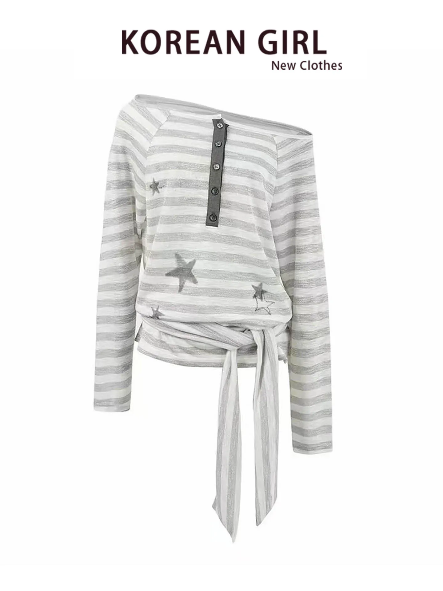 Korean Style Long Sleeve Cover up Women's Autumn Clothing Star Print Lazy Style T-Shirt Loose Semi-Transparent Striped Top