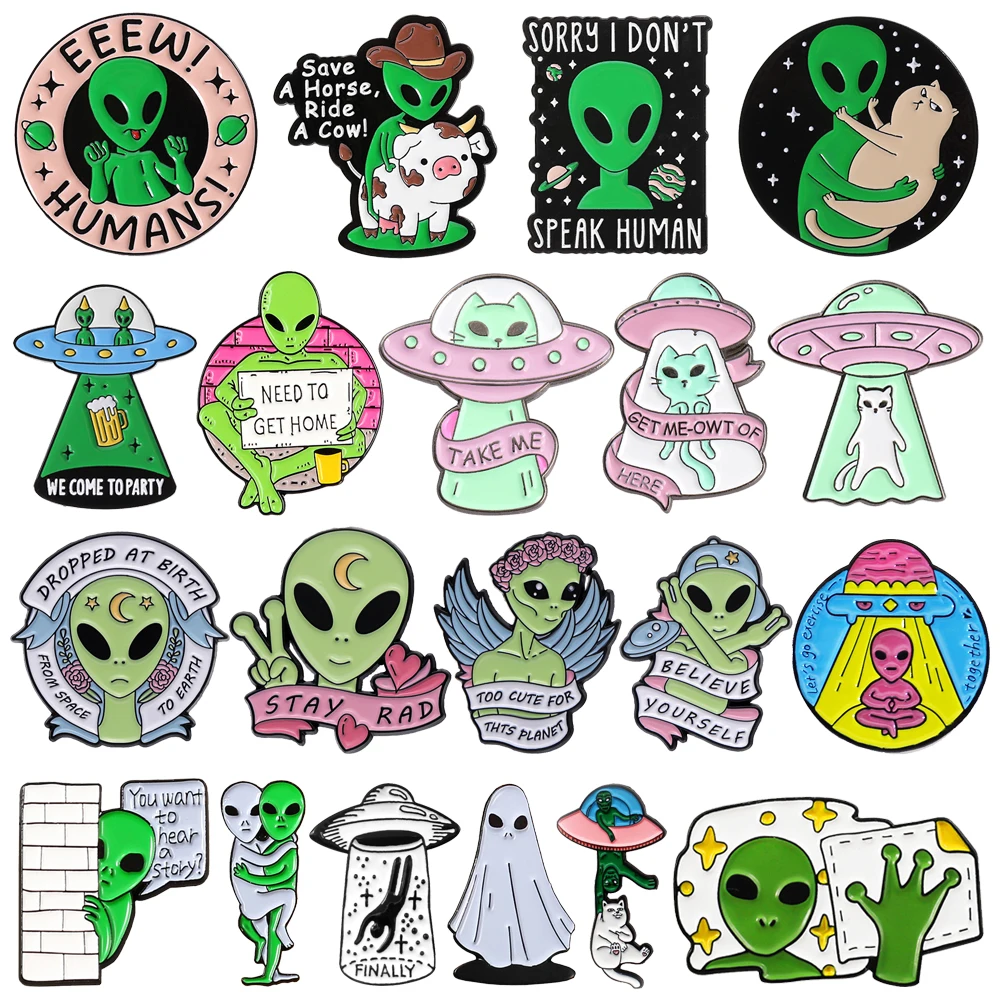 Cartoon UFO Alien Enamel Pins Custom Need To Get Home,Save A Horse Rode A Cow Brooch Cat Angle Beer Ghost Lapel Badges Jewelry
