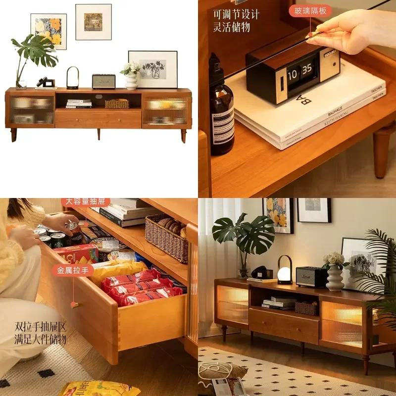 Retro Solid Wood TV Cabinet with Glass Storage Simple Cherry Wood Log Coffee Table Combination for Small Apartment Living
