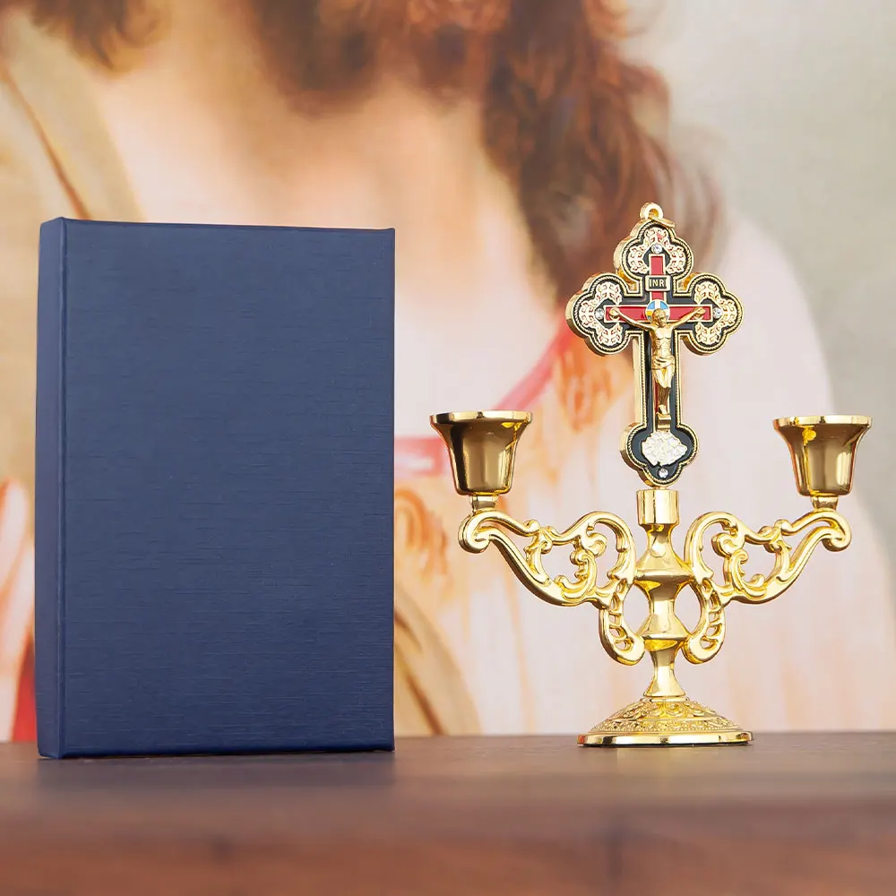 HTISOK Orthodoxer Kreuz-Kerzenhalter, Jesus-Kerzenhalter, vergoldeter Kerzenhalter aus Zinklegierung, Kirchenbedarf, religiöses Geschenk – Detail 9