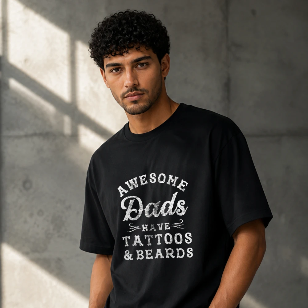 Awesome Dads Have Tattoos & Beards Vintage Letter Graphic Men Modal T‑Shirt Print  O‑Neck Soft Lightweight Summer Casual Tops
