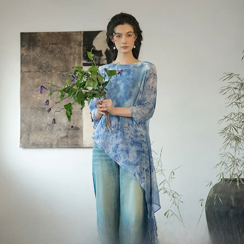 

Handmade Silk irt Asymmetrical Seven-Quarter Sve True Silk Women's Loose Fit round Neline Chinese Production