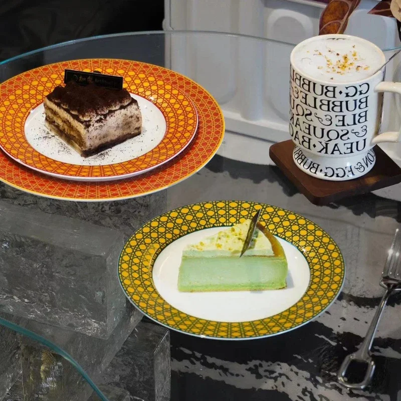 High-End Hotel Bone China Steak Flat Plate With Gold Grid Pattern 10-Inch Double Plate Gift