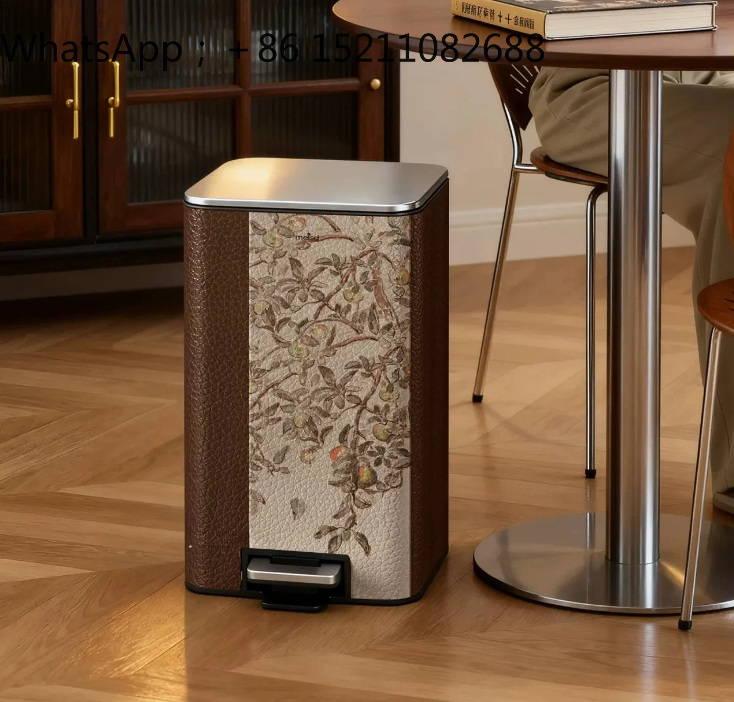 SCY retro trash can household living room large capacity leather light luxury high grade pedal bucket with lid