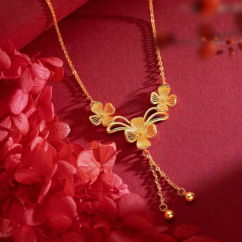 

9999 Real Gold 24K Golden Girl Long Flower Clavicle Necklace Premium Wedding Osmanthus Flower Set Chain