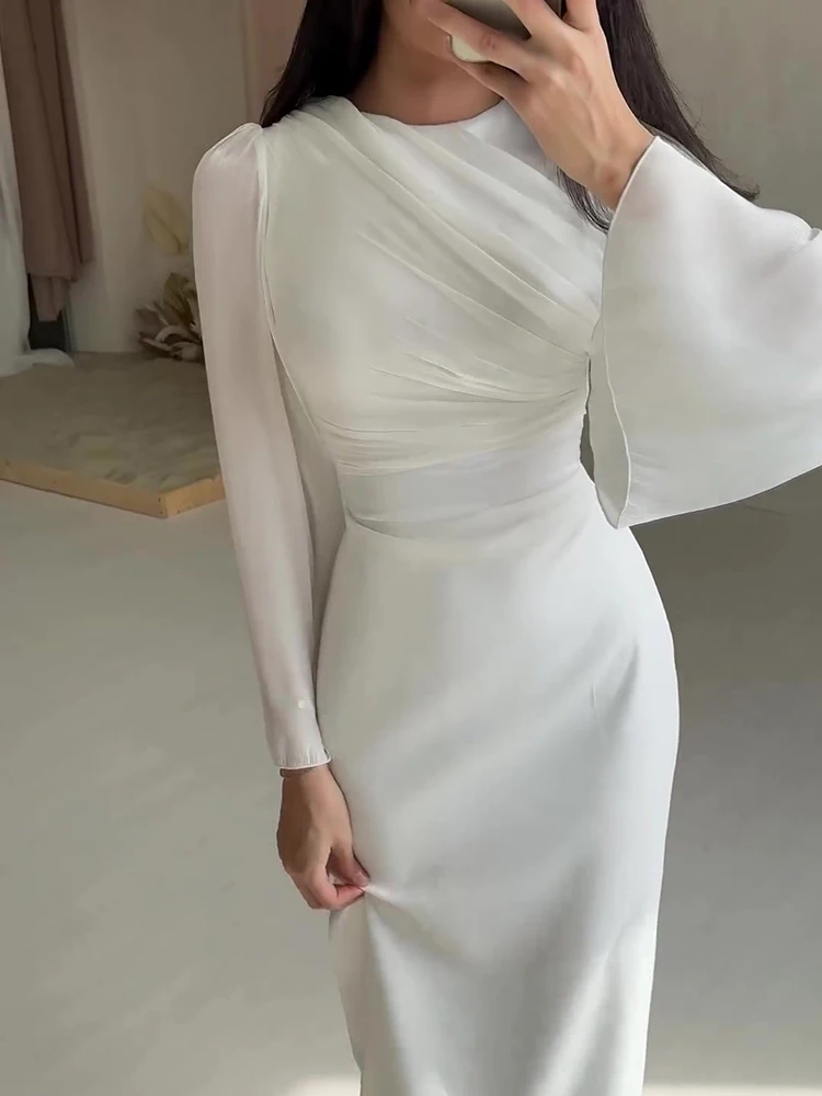 Fashion Women Satin Temperament Long Dress Sexy O-neck Long Sleeve Spliced Evening Dress Elegant Solid Color Slim Wrap Hip Dress