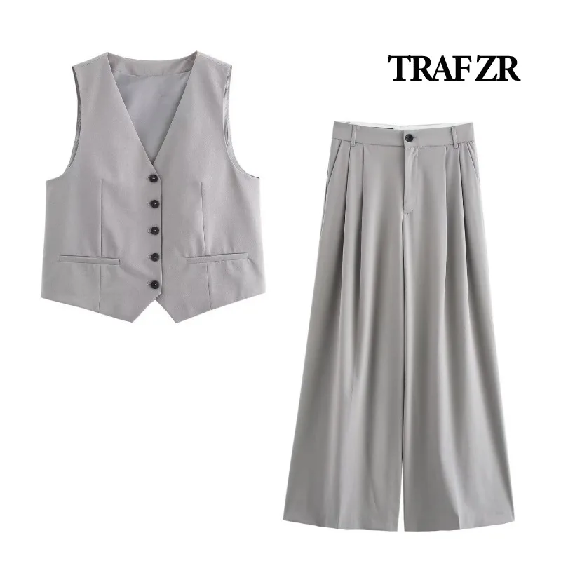 TRAF ZR Solid Set Woman 2 Pieces Chic and Elegant Vacation Outfits Woman 2024 Minimalist Sets Summer Vintage Vest Pants Set