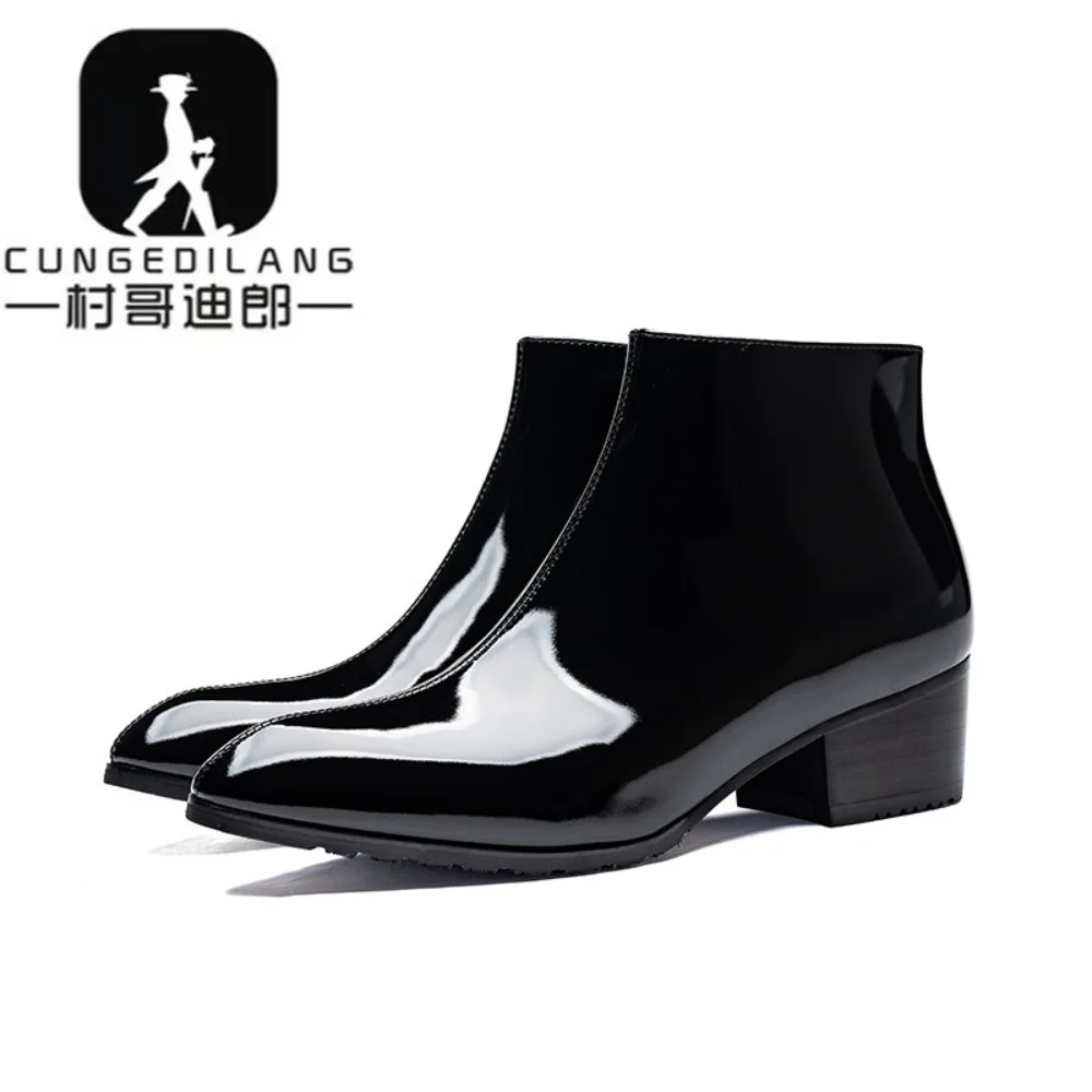 Men's High-Top Leather Shoes Men's Height-Increasing British Chelsea Boots Short Boots Patent Leather Business Casual Men's Boot