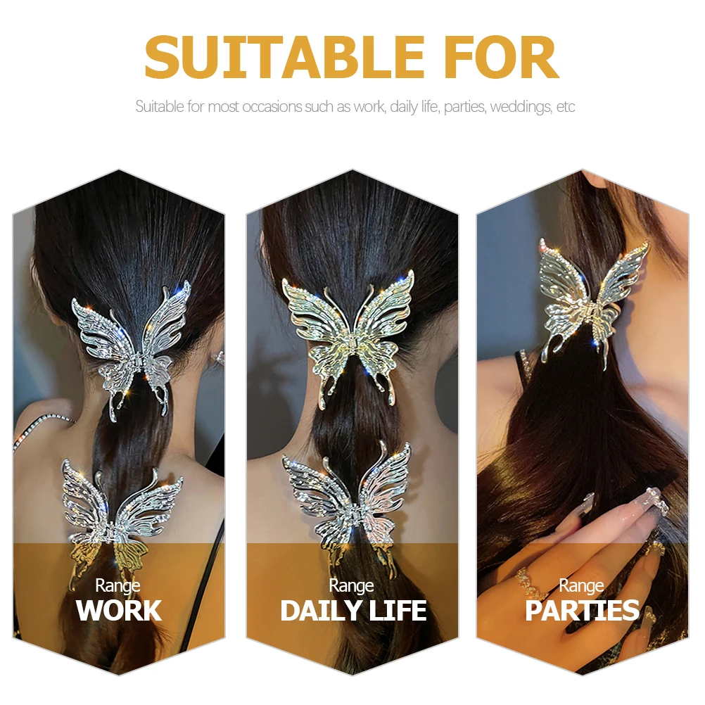 

2 Pcs Diamond Butterfly Hair Clip Claw Clips Beautiful Accessories for Women The Flowers Cute