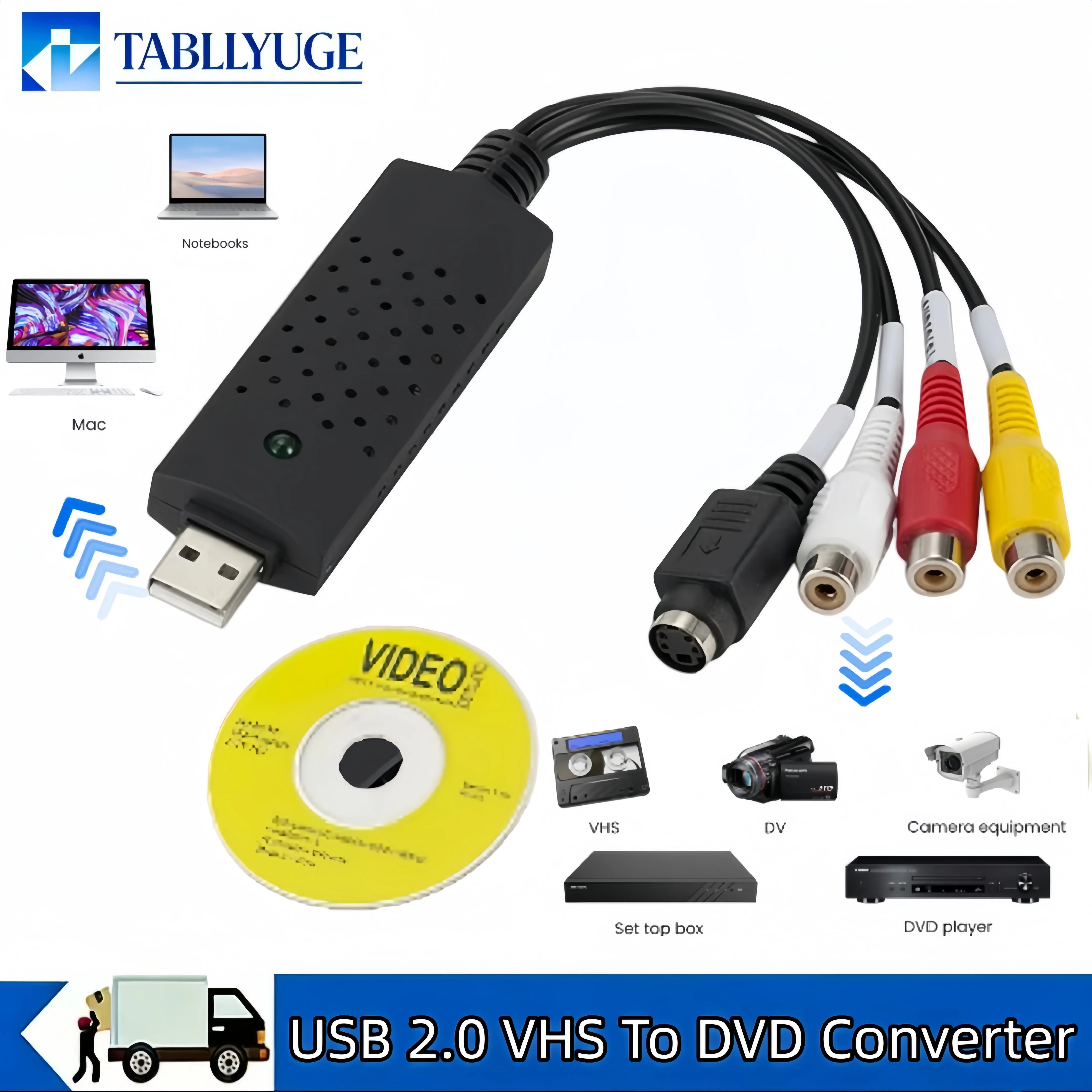 RCA S-Video to USB Video Capture Card VHS VCR DVD Digital Converter Audio VideoGrabber for Windows Mac PC Laptop Camcorder Game