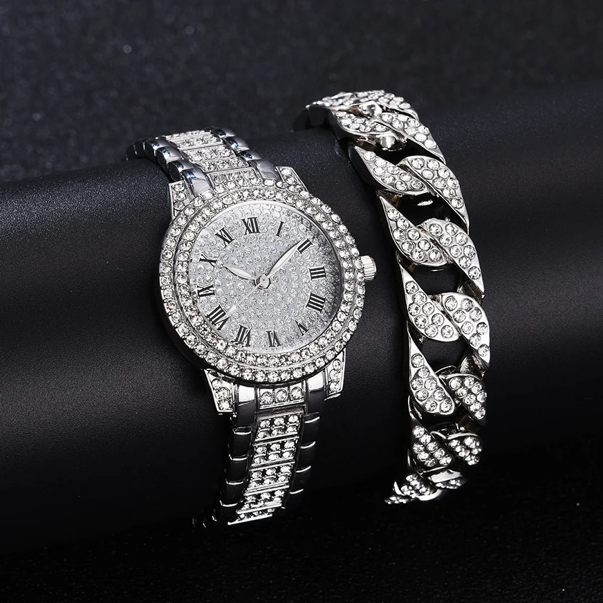 2PCS Luxury Iced Out Watch Bracelet for Women Sliver Gold Diamond Ladies Watches Cuban Chain Jewelry Set Relojes Para Mujer Gift