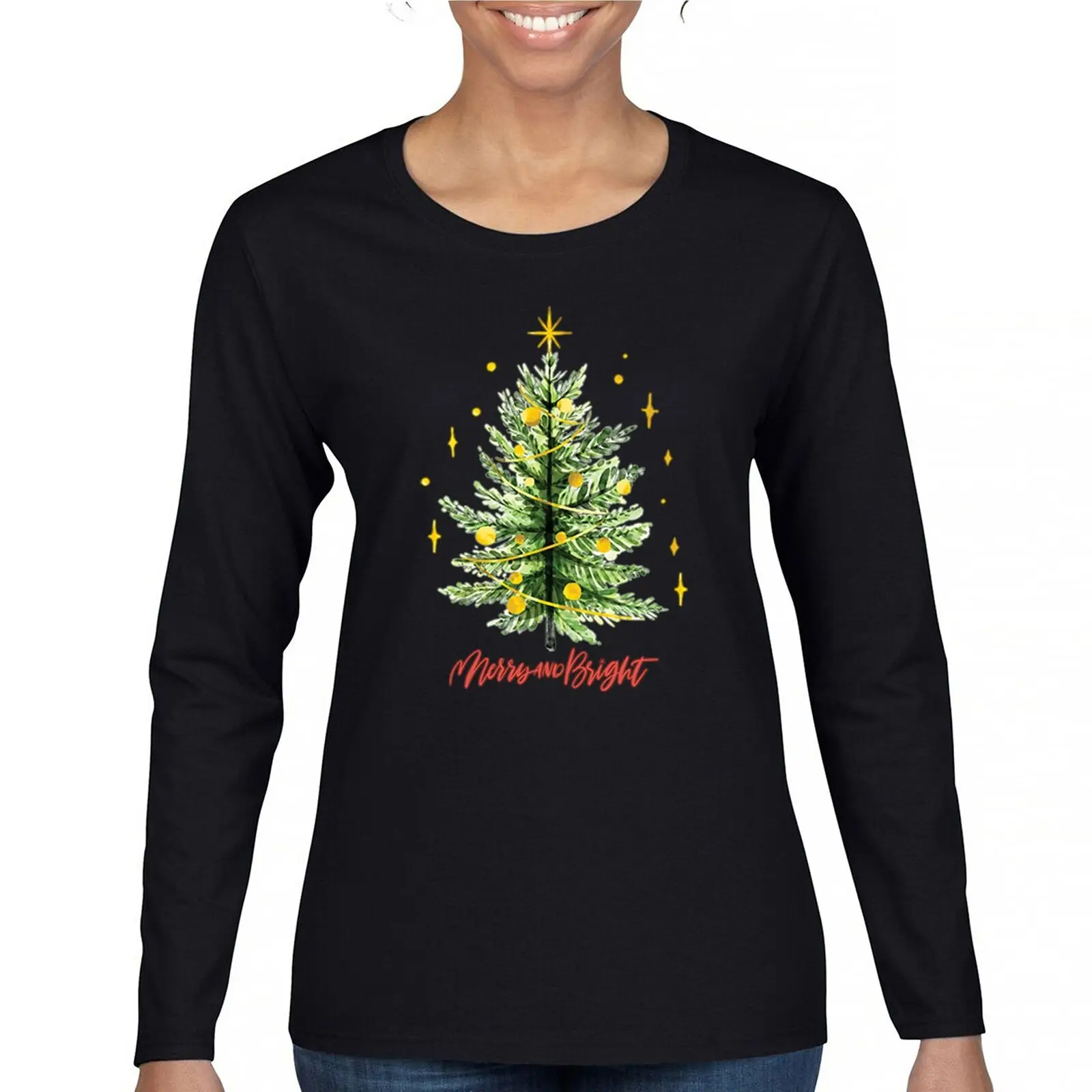 Merry And Bright Women's Long Sleeve T-shirt Christmas Tree Holiday Spirit Cozy