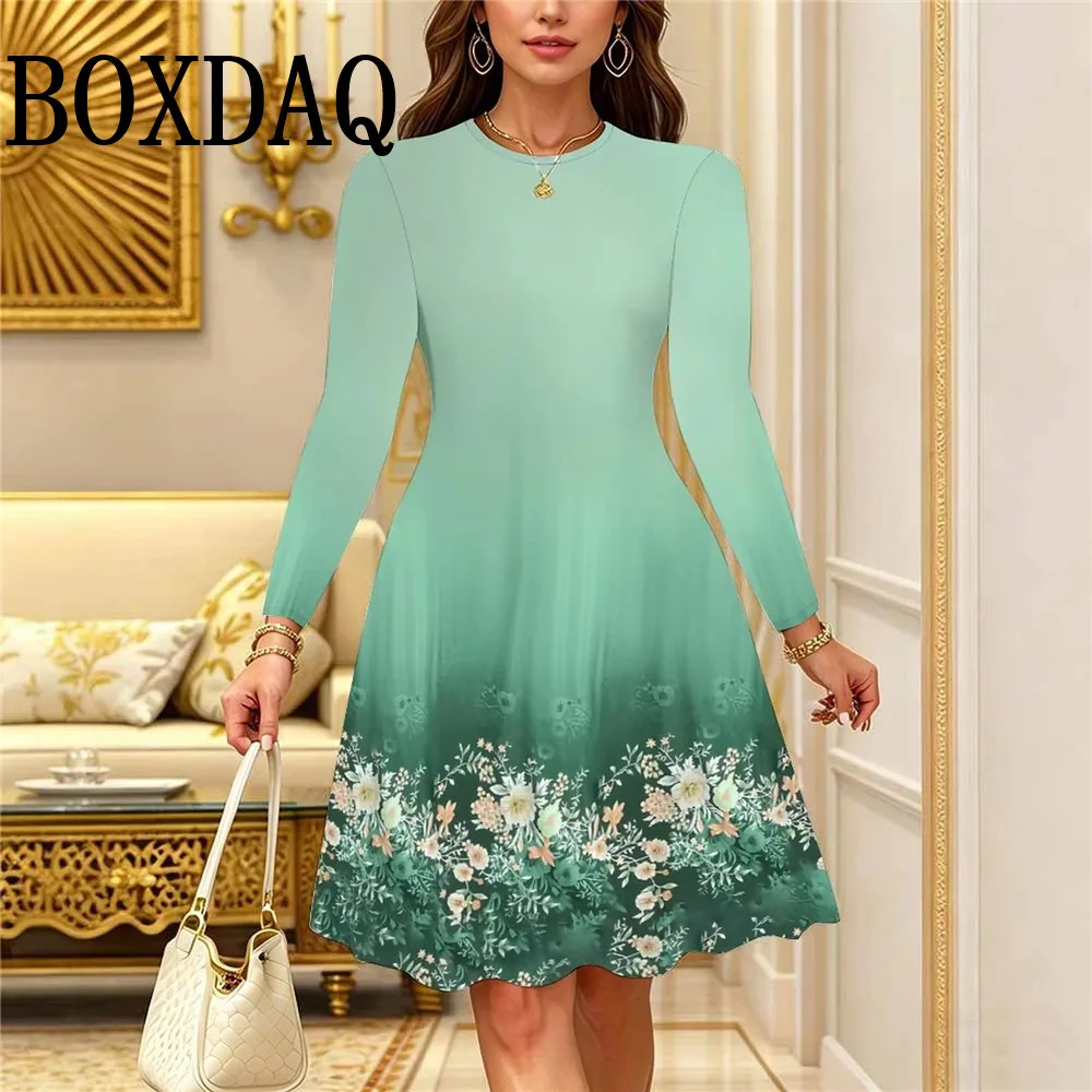 Flowers 3D Printed Dresses For Women 2026 Autumn Dress Vintage Casual Long Sleeve Plus Size Dress Loose Women's A-Line Dress 6XL