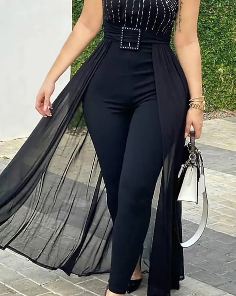 2024 Fashionable and elegant Women\'s Sexy Round Neck Rhinestone Sheer Mesh Sleeveless Jumpsuit With Belt Party Club Jumpsuit