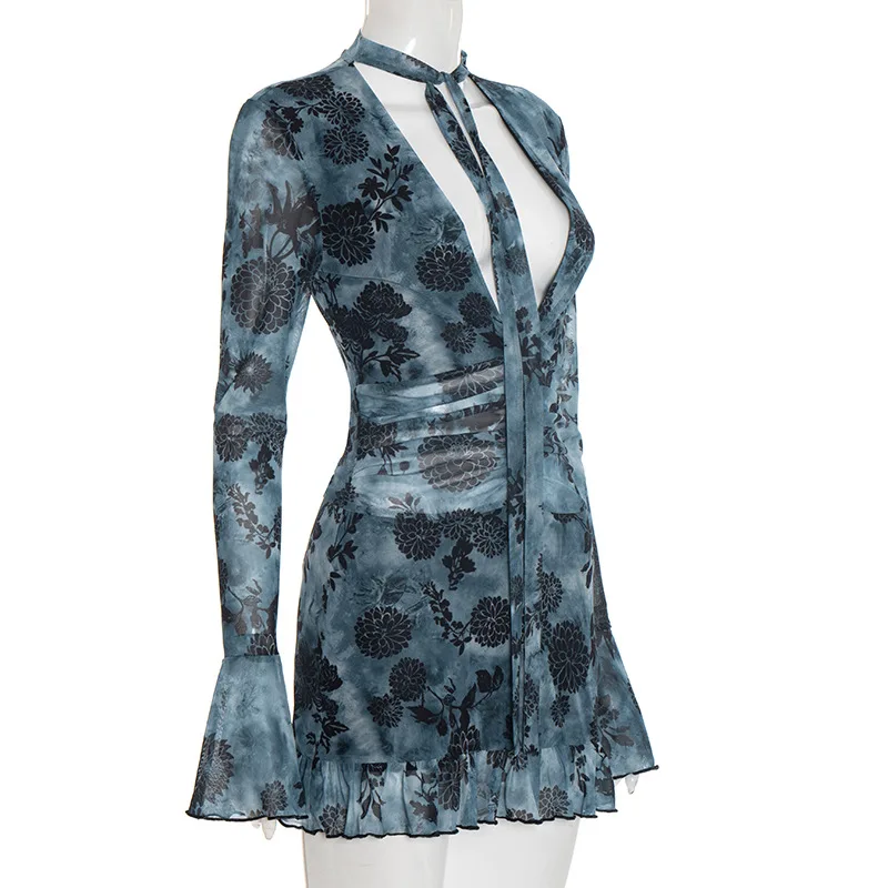 Y2K Bloemenprint V-hals Ruches Mini-jurk Dames Sexy Flare Lange Mouw Bodycon Party Club Jurken Outfits Herfst Winter Cadeau