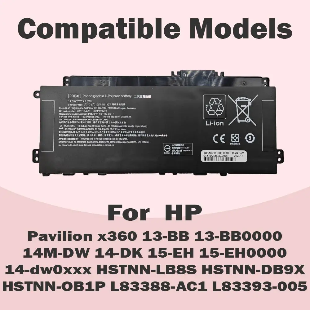 PP03XL PV03XL Laptop Battery For HP Pavilion X360 13-BB 14-DV 14-DW 14M-DW 14-DK HSTNN-LB8S HSTNN-DB9X HSTNN-OB1P L83388-421