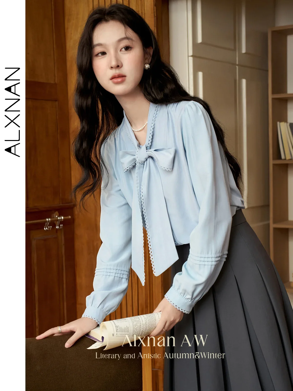 

ALXNAN Women's French Gentle Shirts Elegant Lace-up Bow V-neck Hollow Lace Long Sleeve 2024 Fall Winter Casual Loose Tops L39652