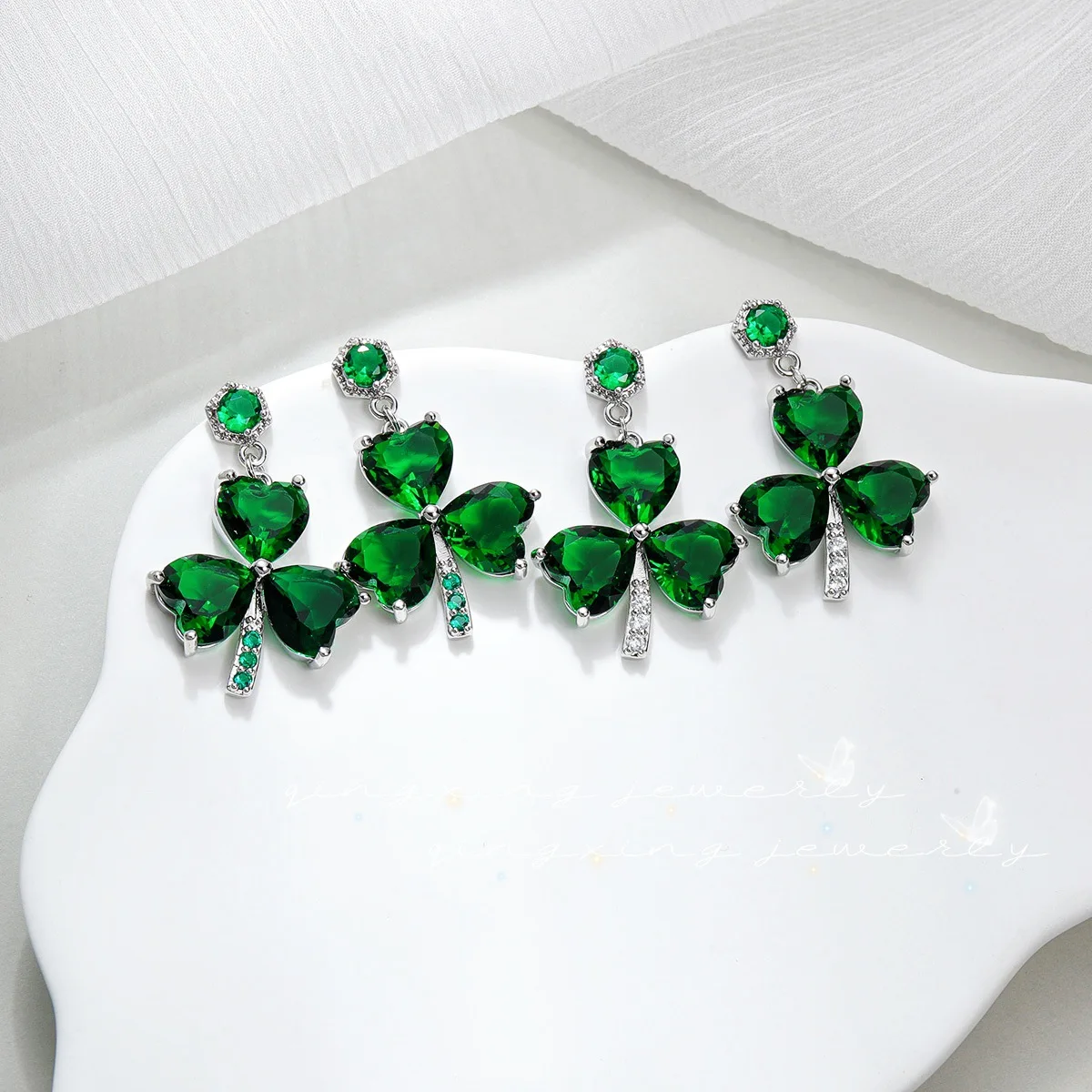 Hypoallergenic St Patricks Day Earrings for Women Rhinestone Green Heart Leaf Earring-EAR200012