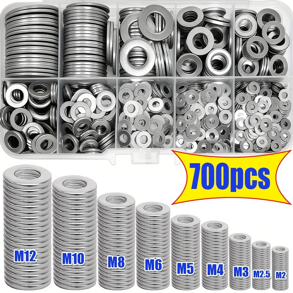 700-Piece Set of M2-M12 Stainless Steel Flat Washers, for Home Maintenance, Industrial Repair, and Outdoor Building Maintenance.