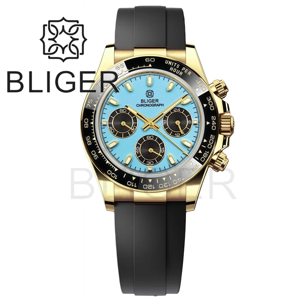 

BLIGER High Quality Men's Sky Blue Dial VK63 Quartz Watch Sapphier Glass Ceramic Bezel Business Chronograph Watch Rubber Strap