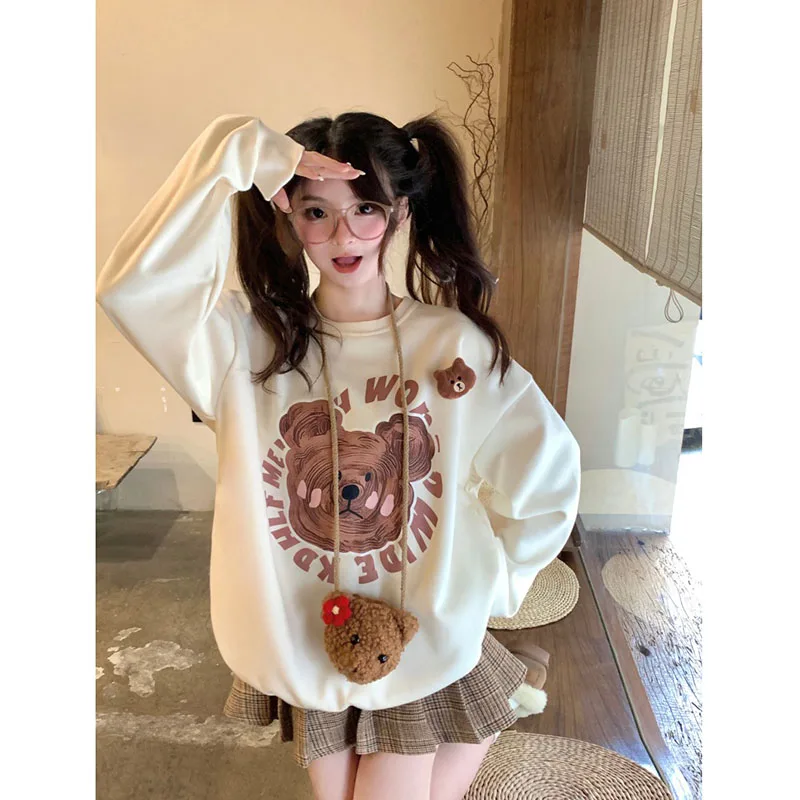 2025 Spring and Fall Korean Sweet Bear O-neck Pullover Women Design Sense Cute Casual Loose Versatile Sweatshirts Female