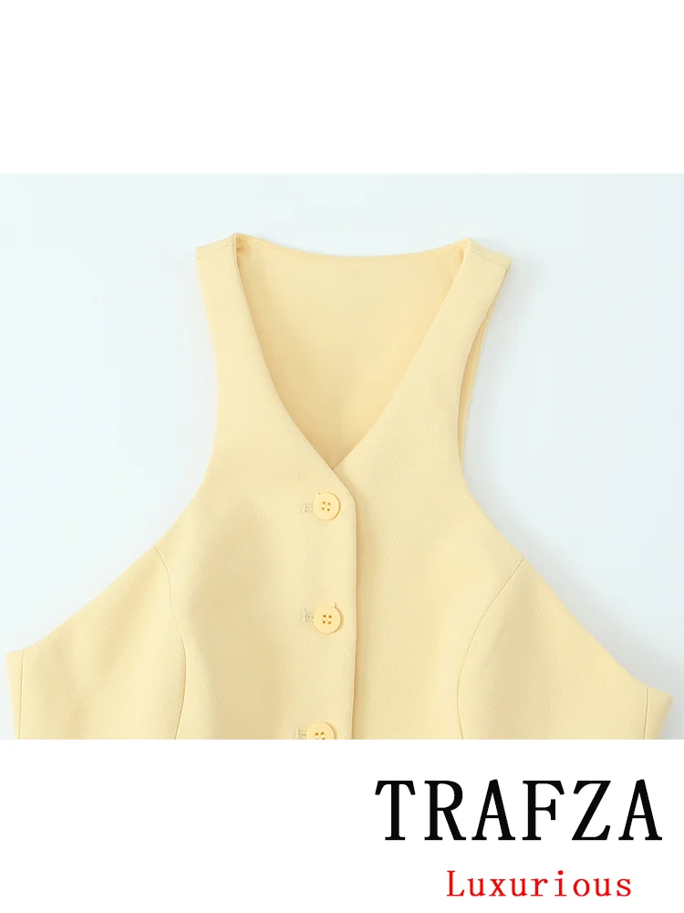 TRAFZA Vintage Chic Solid Women Sashes Suit Single Breasted Sleeveless Top Straight Long Skirt New Fashion 2024 Autumn Suit