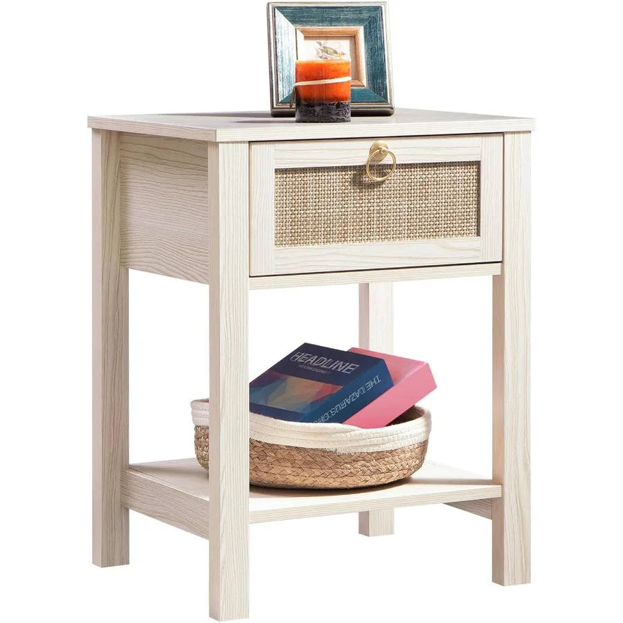 

Белая тумбочка Набор из 2 декоративных ящиков из ротанга с латунными ручками Прикроватная тумбочка Прикроватные столики в стиле бохо Приставные столики со складками